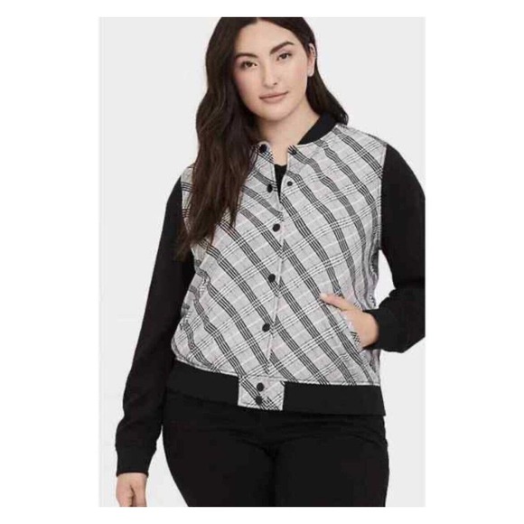 Torrid Bomber Jacket Womens 1X Black White‎ Pink Plaid Twill Snap Front - Picture 2 of 10